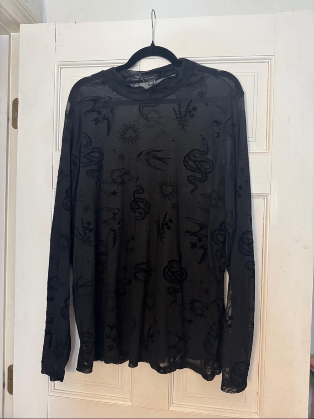 torrid Black Sheer Long Sleeve Mesh Top with Velvet Gothic Motifs